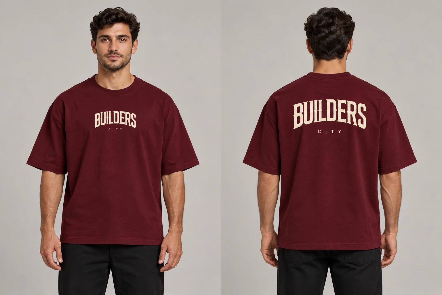 Costas da camiseta bordô com a marca Builders City em creme