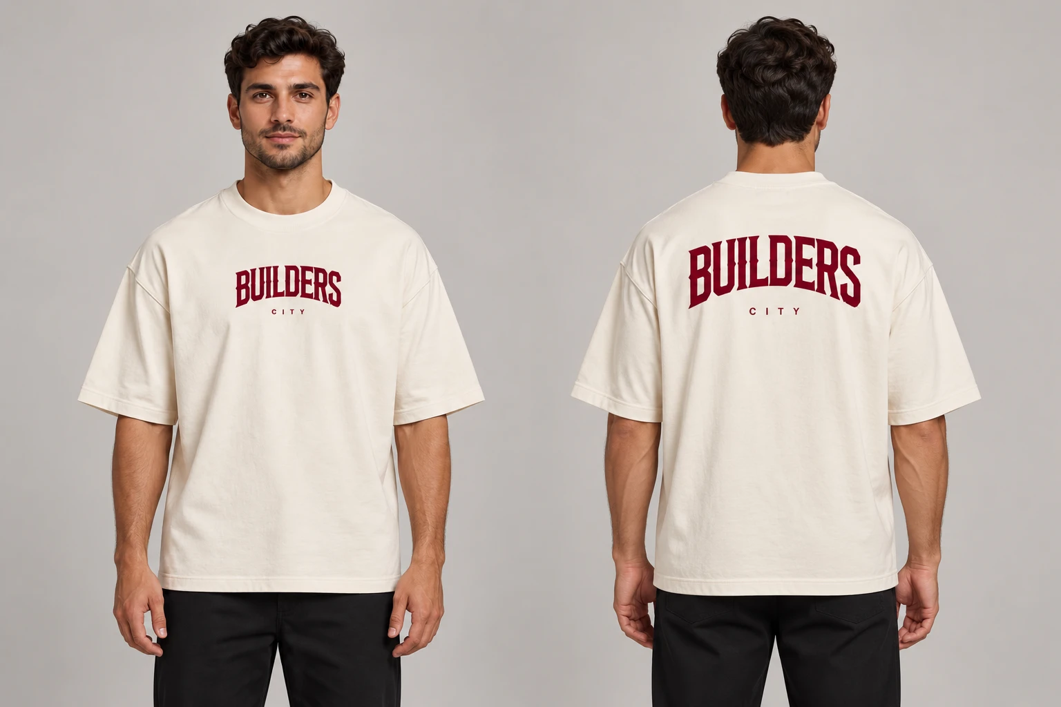 Camiseta Builders City off-white, vista de frente no modelo